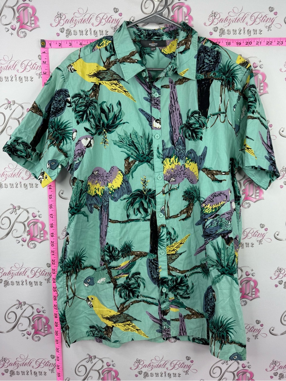 MOUNTAIN RIDGE Men's Short Sleeve Parrot Print Button-Down Shirt - Mint Green